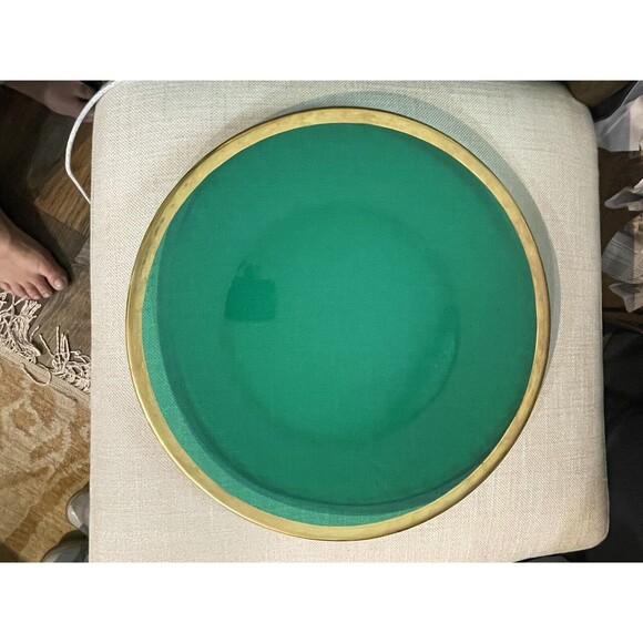 14 1/2" Emerald Green Glass Serving Tray w Gold Rim MCM, Heavy - Picture 2 of 4